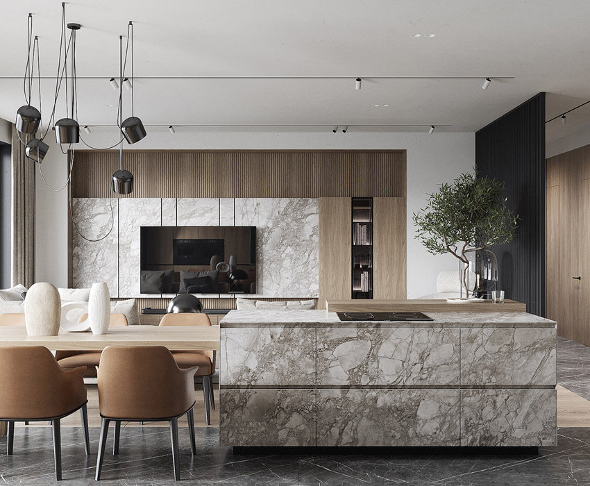 Custom Modern Veneer Kitchen Cabinet with Marble Island - ALLURE