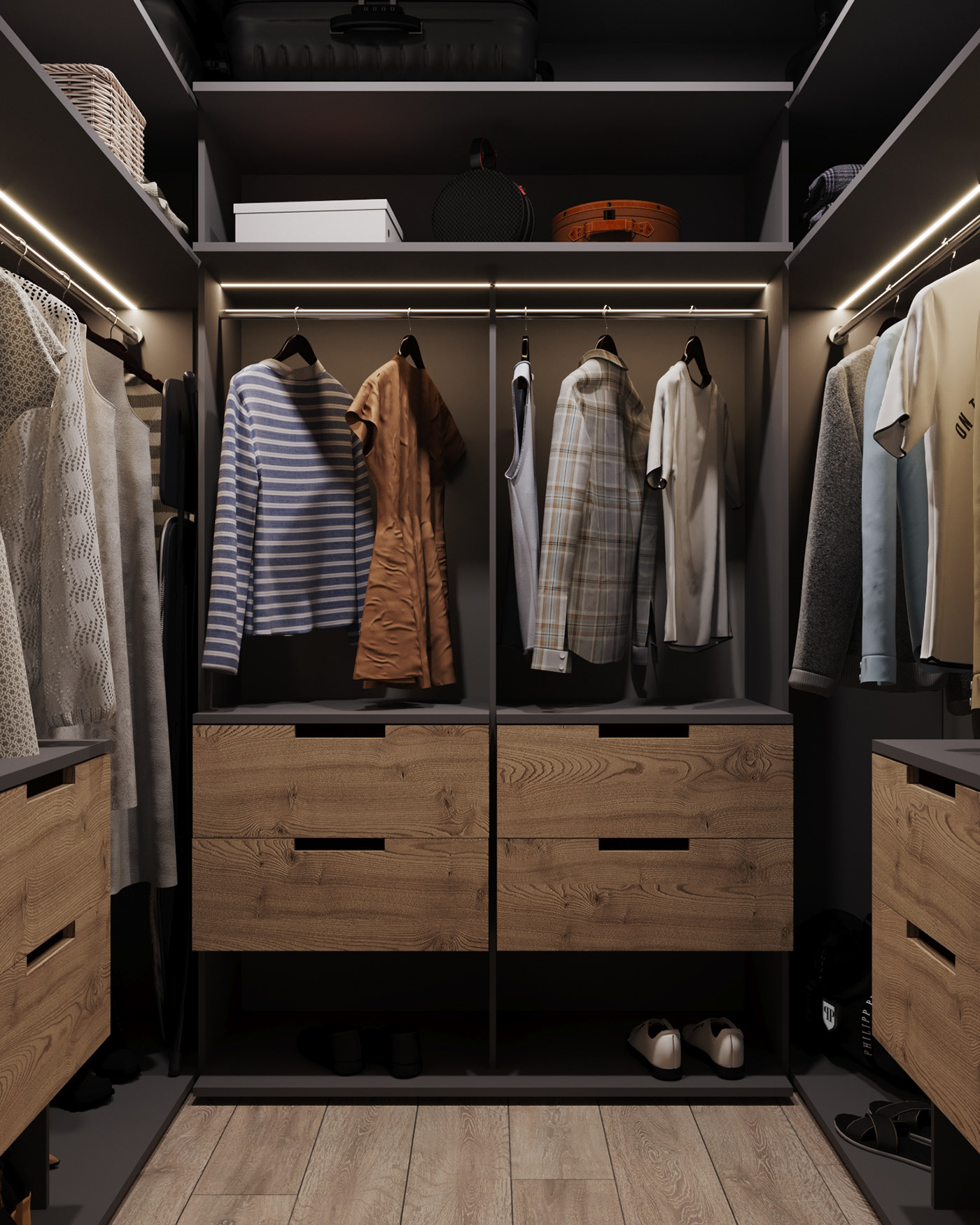 Custom Orginal Wood Color Mdf Open Wall Wardrobe with Led Light