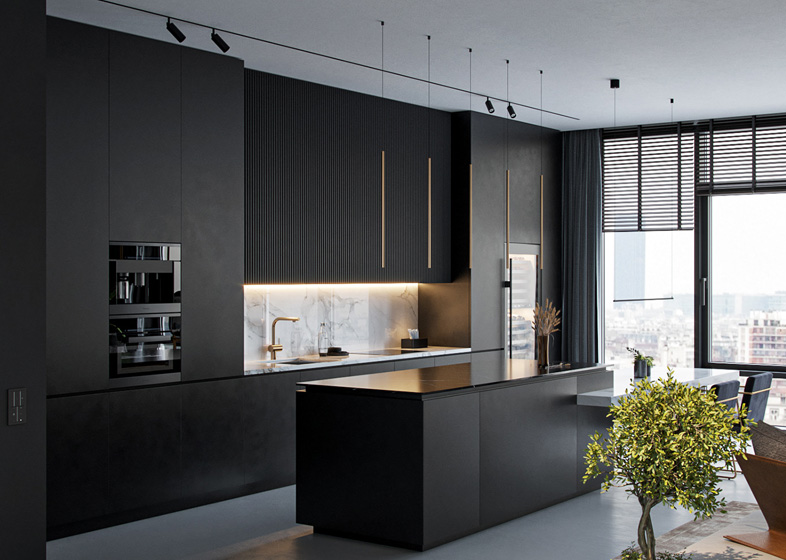 Modern Open Black Sintered Stone Cabinets for Apartments - ALLURE