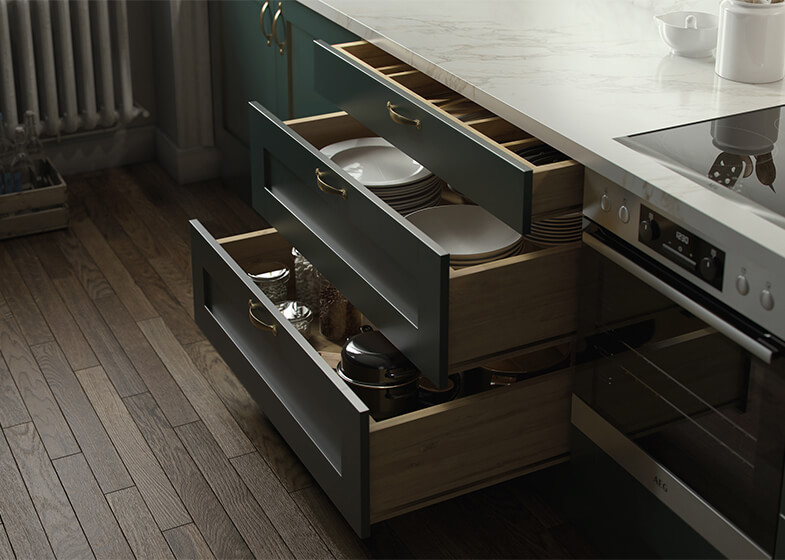 Green Solid Wood Shaker Modular Kitchen Cabinet Design