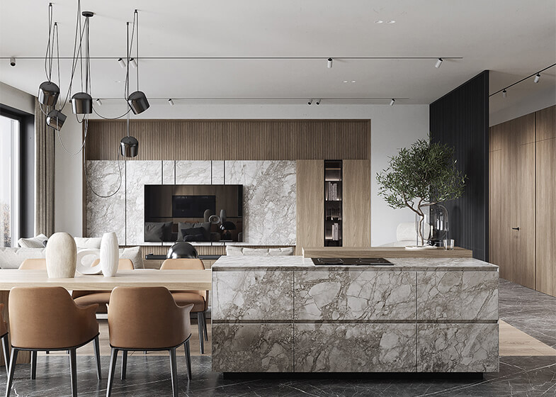 Custom Modern Veneer Kitchen Cabinet with Marble Island