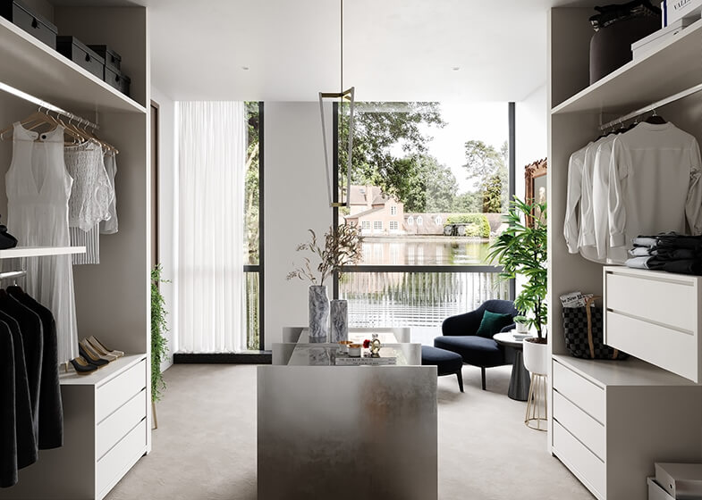 Modern Small White Walk-in Closet with Island