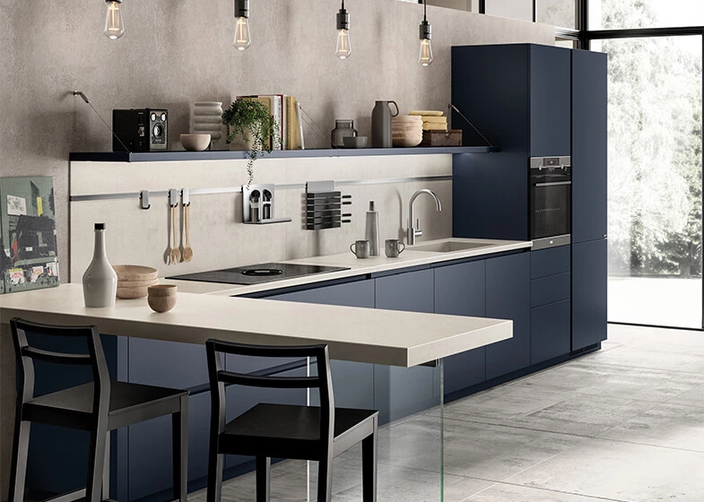 Modern Lacquered Sapphire Color Kitchen Cabinets With Dining Table