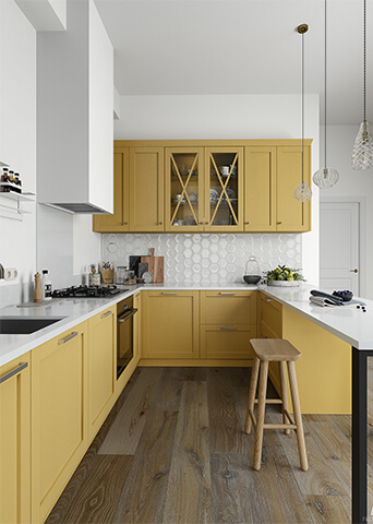 Custom Yellow Built In Shaker Kitchen Wall Cabinets