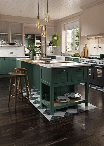 Custom Rta Green Kitchen Cabinets with Tall Pantry Cabinet