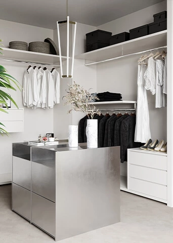 Modern Small White Walk-in Closet with Island