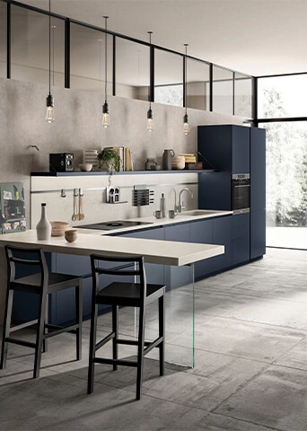 Modern Lacquered Sapphire Color Kitchen Cabinets With Dining Table