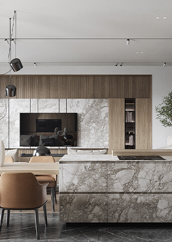 Custom Modern Veneer Kitchen Cabinet with Marble Island