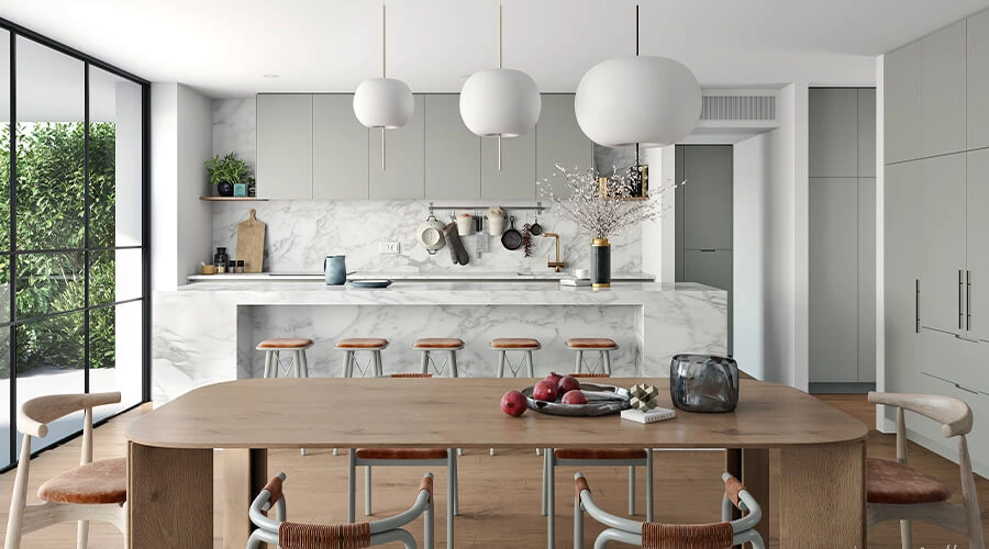 Grey Modern Open Kitchen Cabinet Design with Slate Island