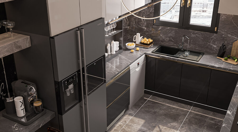 U-Shaped Glass Two Tone Kitchen Cabinets Design