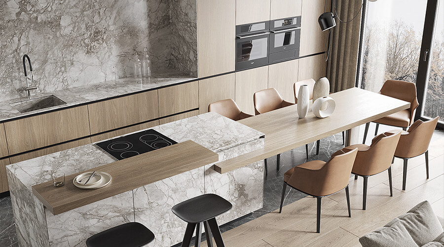 Custom Modern Veneer Kitchen Cabinet with Marble Island