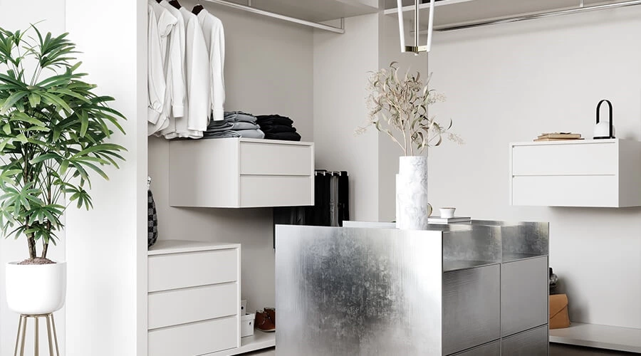 Modern Small White Walk-in Closet with Island