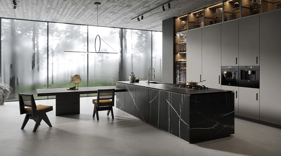 Modern Lacquered Slate Cabinets with Island