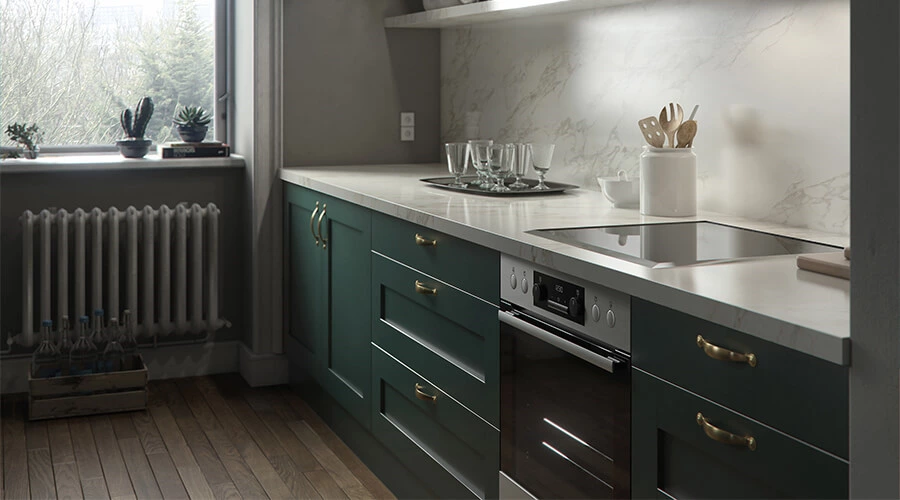 Green Solid Wood Shaker Modular Kitchen Cabinet Design