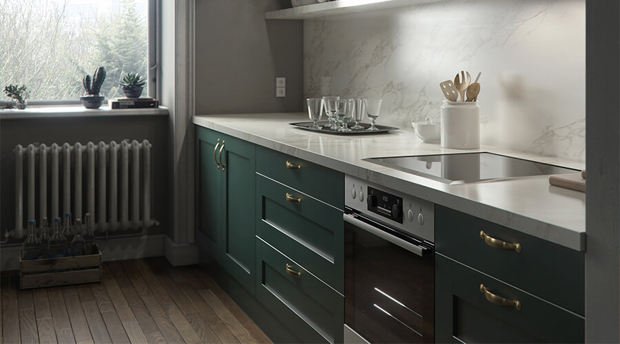Green Solid Wood Shaker Modular Kitchen Cabinet Design
