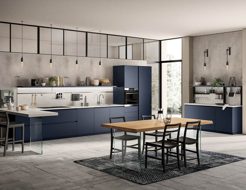 Modern Lacquered Sapphire Color Kitchen Cabinets With Dining Table