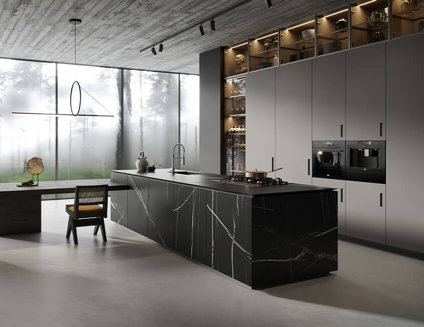 Modern Lacquered Slate Cabinets with Island