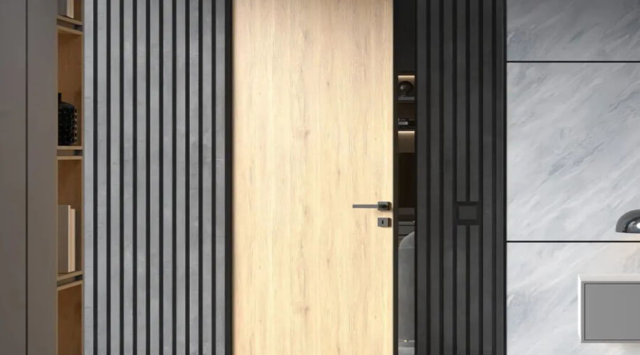 Frameless Design Wood Color Wood Veneer Door with Black Grille Wall