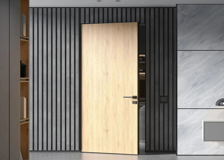 Frameless Design Wood Color Wood Veneer Door with Black Grille Wall