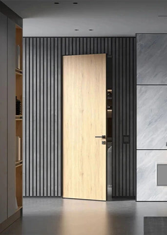 Frameless Design Wood Color Wood Veneer Door with Black Grille Wall