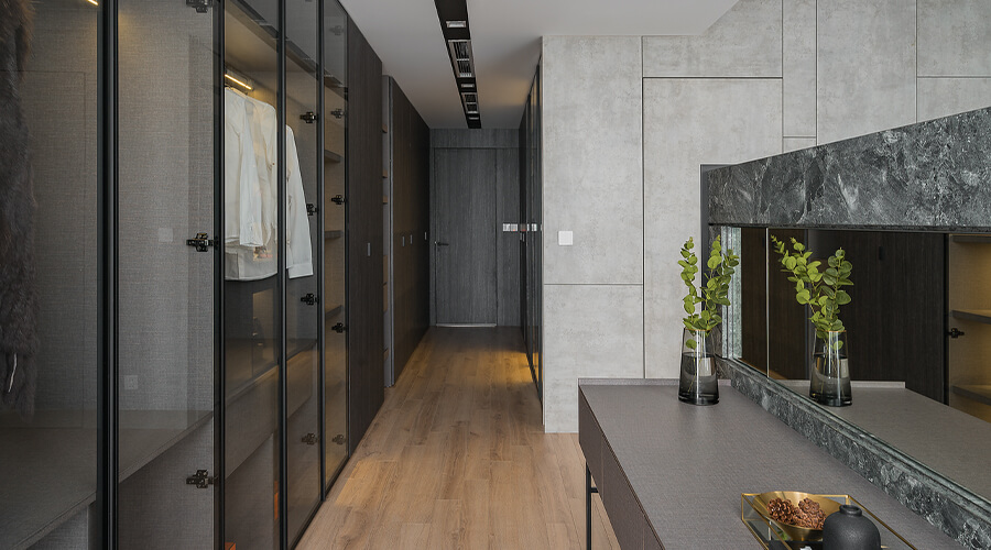 Gray Wood Grain Wardrobe Unit with Glass Finishes