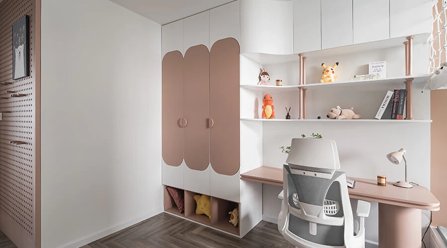 Modern Cute Pink and White Wardrobe Combined with Desk