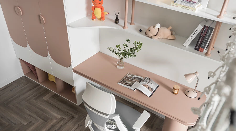 Modern Cute Pink and White Wardrobe Combined with Desk