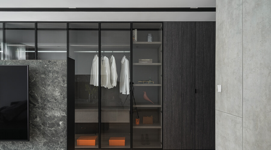 Gray Wood Grain Wardrobe Unit with Glass Finishes