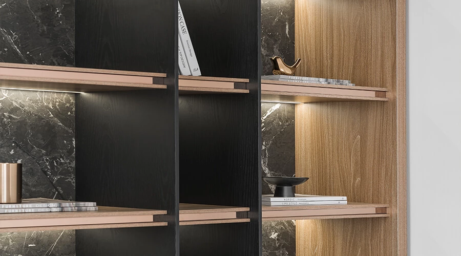 Modern Wood and Stone Open Melamine Book Shelves