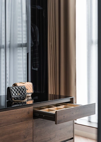 Luxury Dark Walnut Wood And Black Glass Walk-in Closet