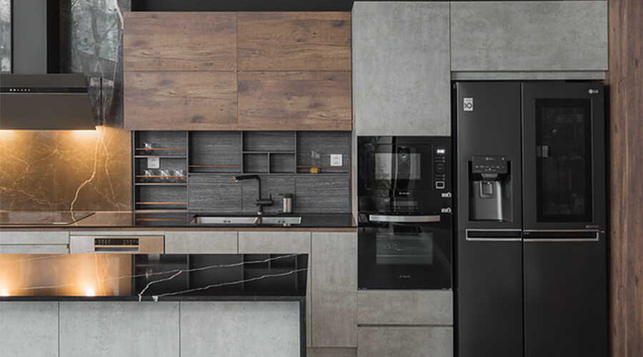 I-shaped Dark-toned Plywood Cabinet with Black Sintered Stone