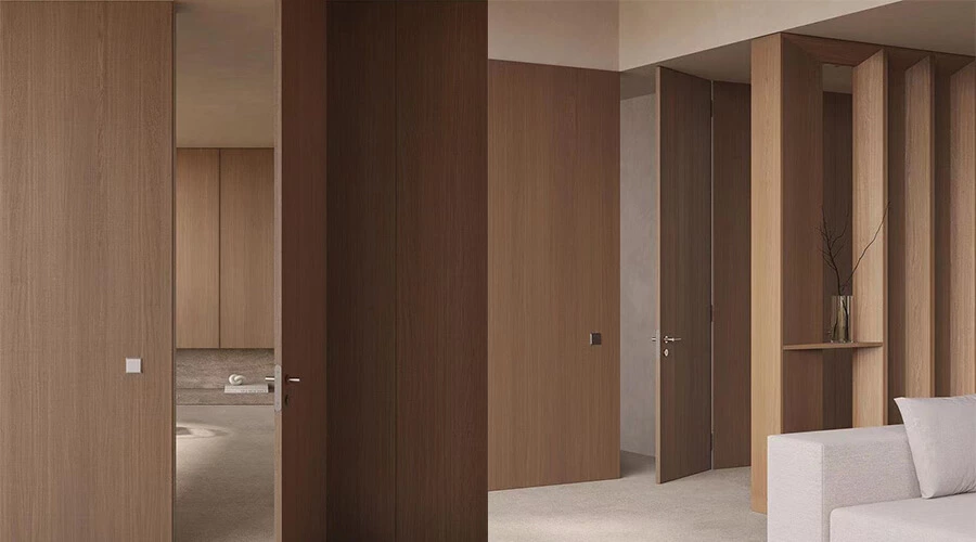 Floor-to-ceiling Vertical Wood Grain Pattern Interior Doors