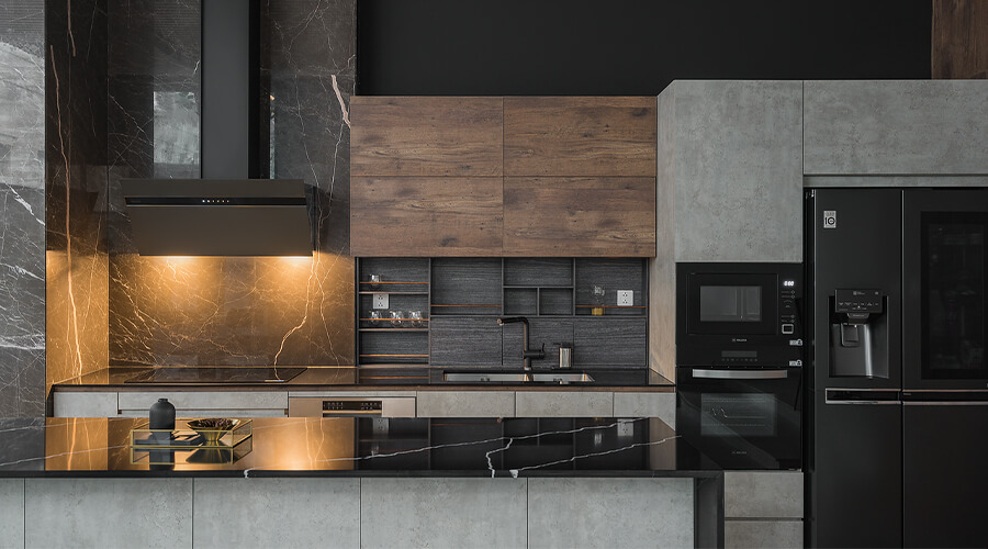 I-shaped Dark-toned Plywood Cabinet with Black Sintered Stone