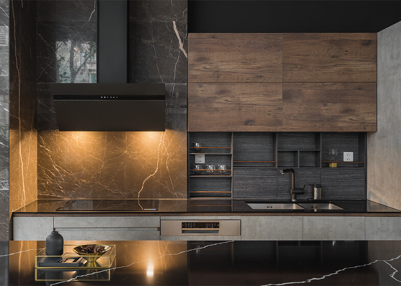 I-shaped Dark-toned Plywood Cabinet with Black Sintered Stone