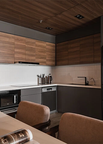 Modern L-shaped Gray Lacquered Cabinets with Wood Grain Tall Cabinets