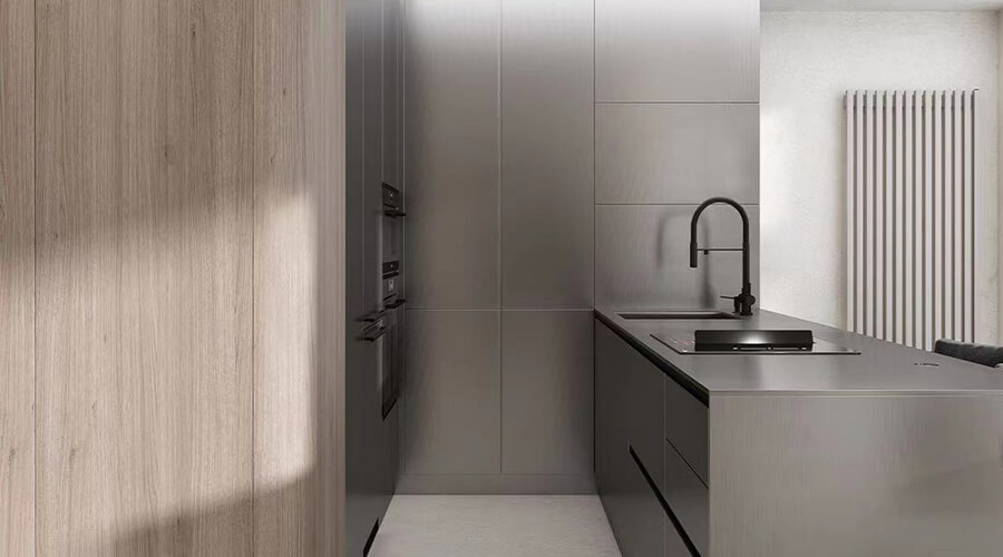 Modern Simple Stainless Steel Cabinets with Wood Grain Decorative Panels