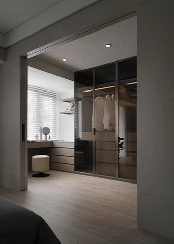 Warm-toned Wood Interior Glass Doors Closet with Light Design