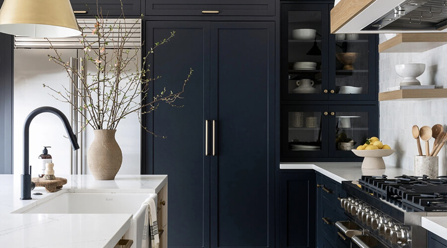 Dark Blue Modern Open Sintered Stone Shaker Door Kitchen Cabinets