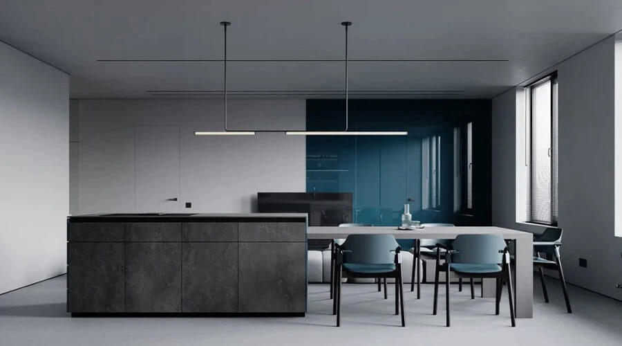 Grey and Blue Minimalistic Melamine Kitchen Unit with Island