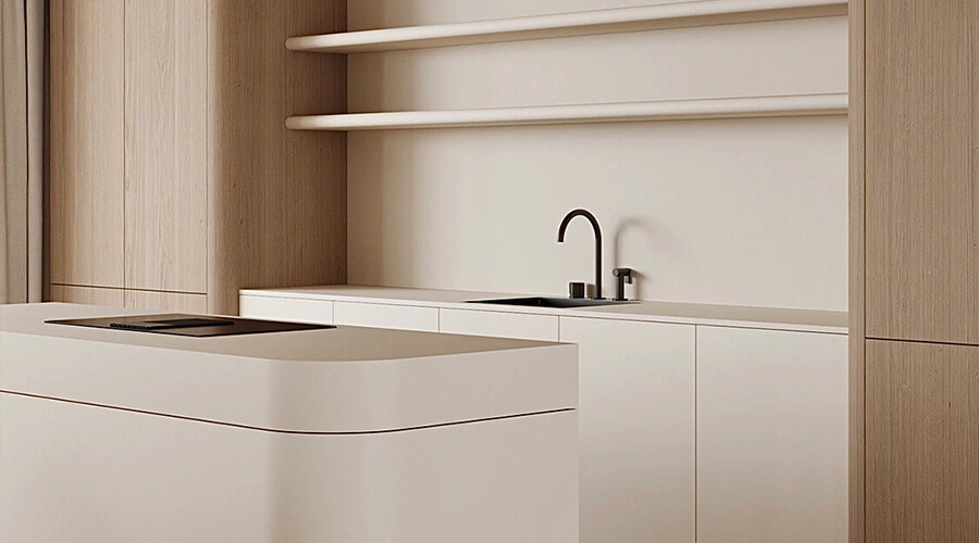 Minimalist Light Wood and White Lacquer Kitchen Cabinet