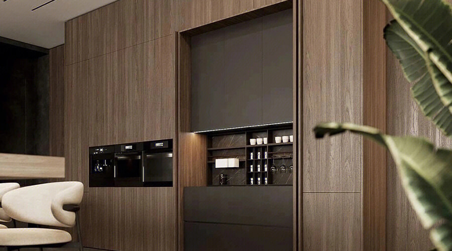 Wood and Stone Surfaces Melamine Open Kitchen