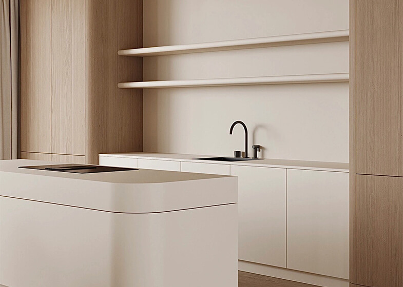 Minimalist Light Wood and White Lacquer Kitchen Cabinet