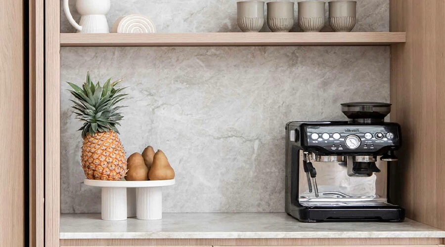 Minimal Wood Tones Particle Board Kitchen Cabinet with Round Island