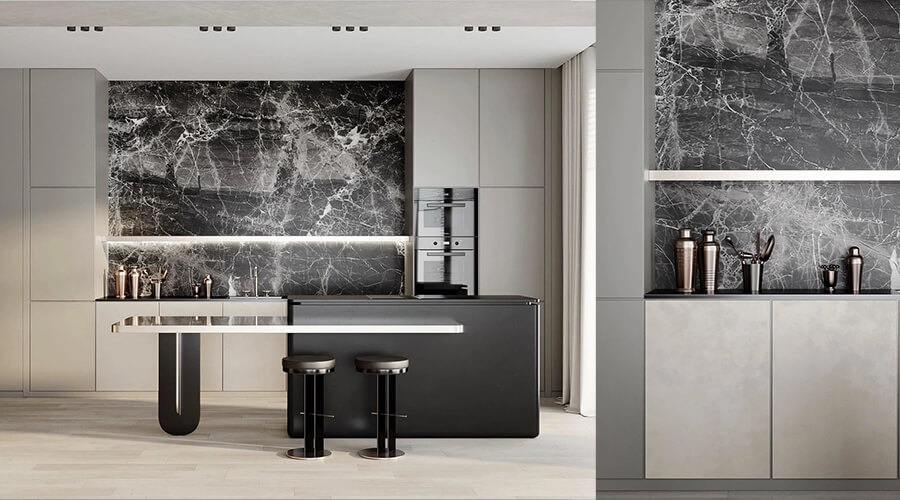 Modern Minimalist Styled Handleless Kitchen Cabinet with Metallic Counter