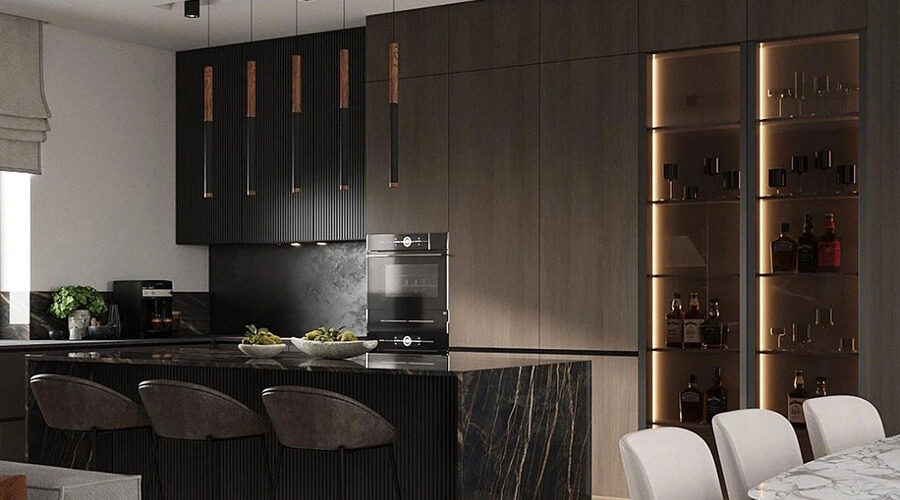 L Shaped Dark Walnut Color and Black Sintered Stone Kitchen Cabinet with Island