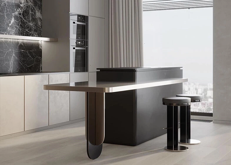 Modern Minimalist Styled Handleless Kitchen Cabinet with Metallic Counter