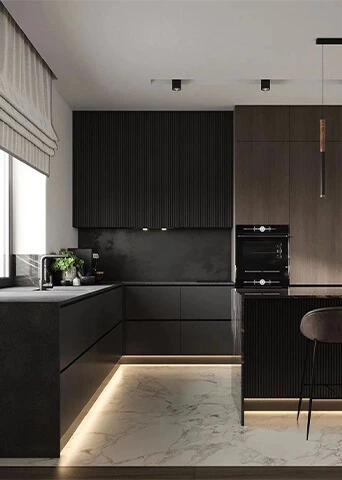 L Shaped Dark Walnut Color and Black Sintered Stone Kitchen Cabinet with Island