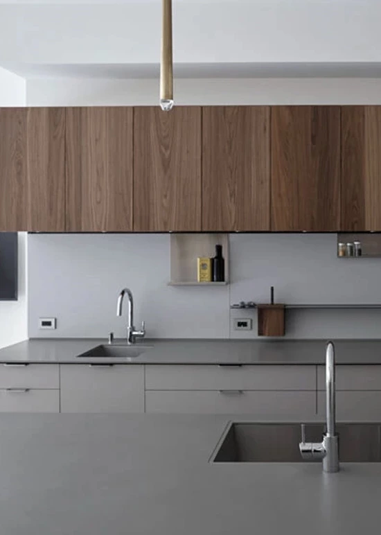 Natural Wood Grain Open Tall Kitchen Cabinet With Island