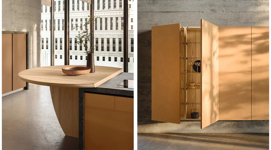 Warm Wood Kitchen Island Cabinetry with Sintered Stone Cooktop