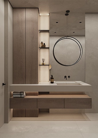 Floating Quartz Vanity with Sink and Wood Drawers Tall Cabinet